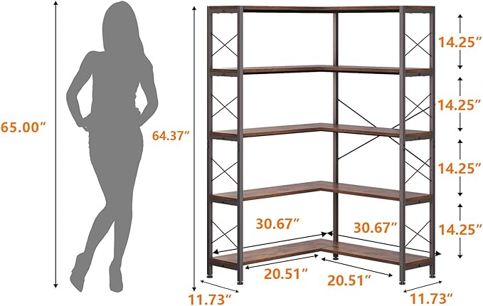 Corner Bookshelves and Bookcases Industrial Corner Etagere Bookcase L Shaped Shelf 5-Tiers with Metal Frame for Living Room Home Office