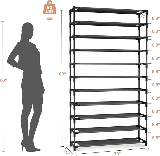 11 Tiers Tall Wide Shoe Rack 55 Pairs Large Capacity Sturdy Durable Shoe Rack for Closet Metal Shoe Organizer Shelf with Two Hooks Space Saving for Entryway Black
