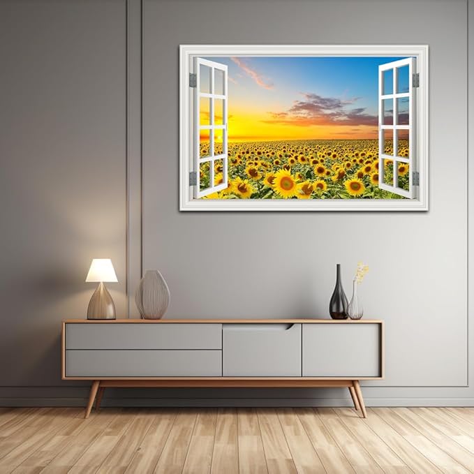 Sunflower Wall Art Decor Flower Canvas Pictures for Living Room Rustic Painting for Wall Window Style Sunset Art Prints for Bedroom Nature Floral Landscape Artwork for Home Office Kitchen Decorations,