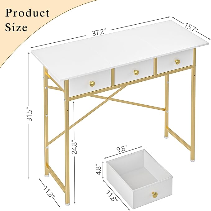 Small Makeup Vanity Desk No Mirror, 37.2 Inch Vanity Desk with 3 Drawers, Girls Vanity Dressing Table for Bedroom, Small Vanity for Small Spaces, White and Gold