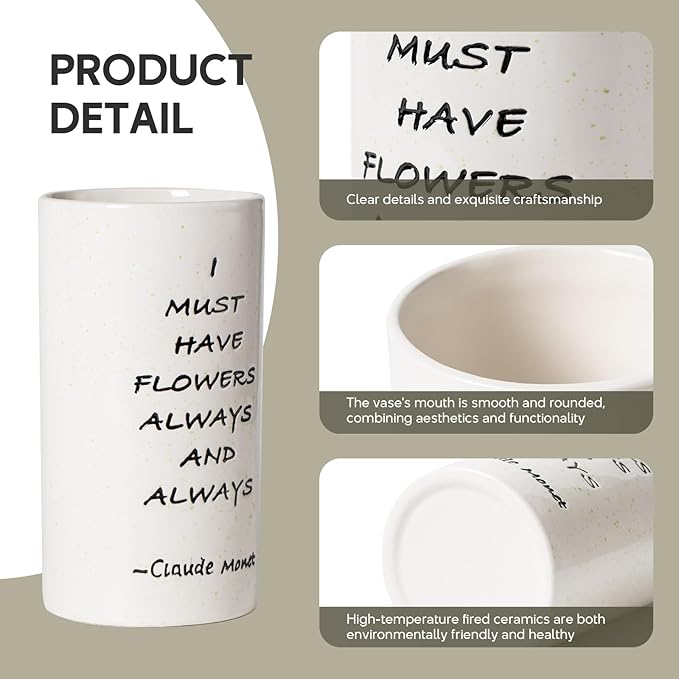 Ceramic Vase 8.27 Inches H, Flower Vase for Home Decor I Must Have Flowers Always and Always White Vase for Bohemian Decor, Pampas Vase