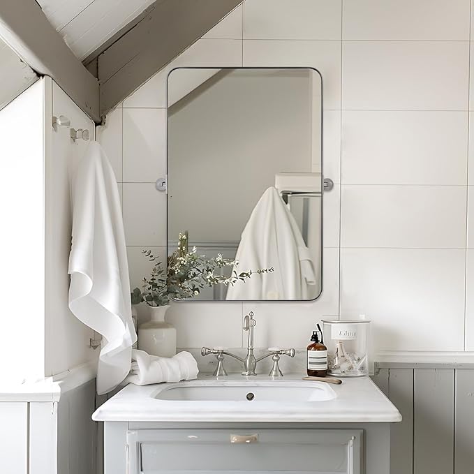 ANDY STAR Chrome Pivot Bathroom Mirror, 20" x 30" Chrome Tilting Wall Vanity Mirror, Rounded Rectangle Metal Frame Pivots Vertically Only (Overall 24.33" x 30")