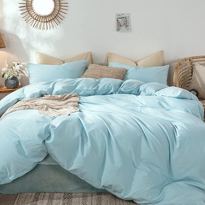 MooMee Bedding Duvet Cover Set 100% Washed Cotton Linen Like Textured Breathable Durable Soft Comfy (Heathered Light Blue, King 104"x90")