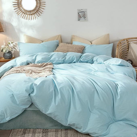 MooMee Bedding Duvet Cover Set 100% Washed Cotton Linen Like Textured Breathable Durable Soft Comfy (Heathered Light Blue, King 104"x90")