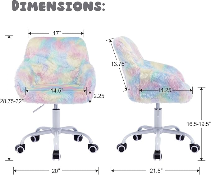 LukeAlon Kids Adjustable Desk Chair, Furry Study Chair with Swivel Base Cute Faux Fur Reading Chair Comfy Upholstered Computer Chair with Arms for Girls Children, Light Colorful