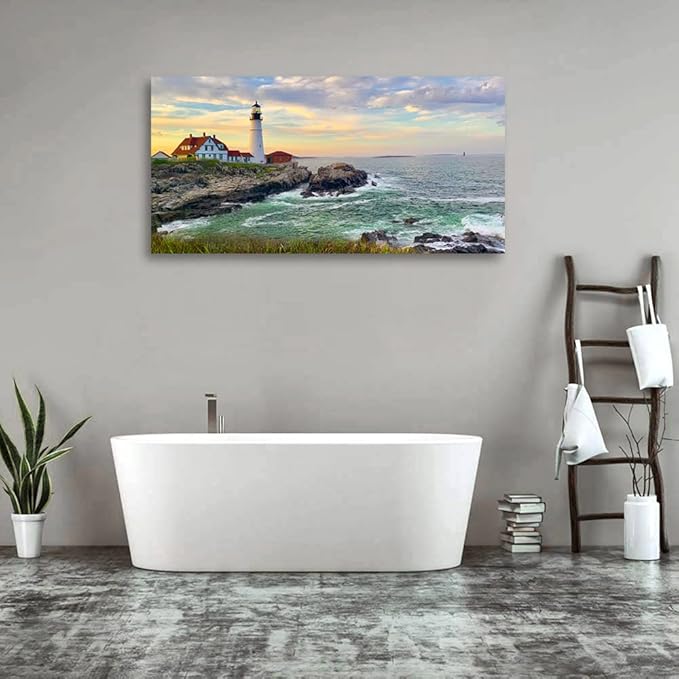 Sunset Lighthouse Canvas Wall Art for Living Room Wall Decor Sunset Seascape Canvas Pictures Ocean Canvas Prints Nature Canvas Artwork Office Home Wall Decorations Framed Ready to Hang 24" x 48"