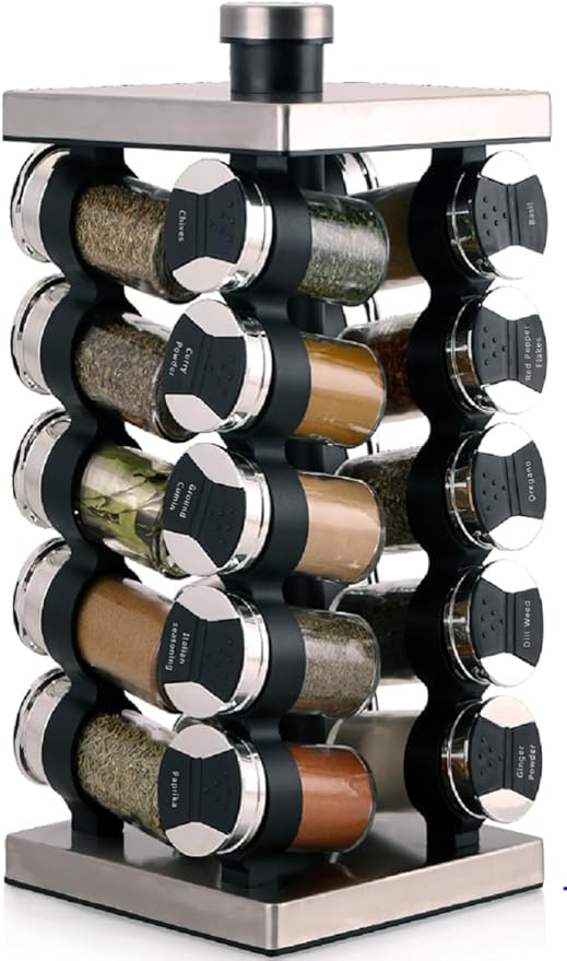 Orii 20 Jar Spice Rack with Spices Included - Tower Organizer for Kitchen Spices and Seasonings, (Silver Black)