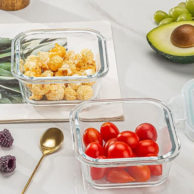 8PC Square Glass Containers With Lids, Glass Square Meal Prep Containers Set, 2 Cup Clear Small Food Containers For Soup Snack fruit, Microwave, Dishwasher, Freezer Safe - (4 color)