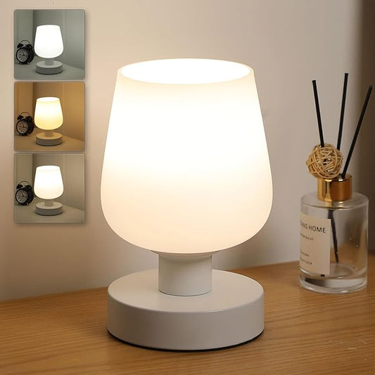 Touch Bedside Table Lamp, Dimmable Small Table Lamp for Bedroom with White Opal Glass Lamp Shade and LED Bulb, Modern Nightstand Lamps, Desk Lamp with Plug for Living Room Bed
