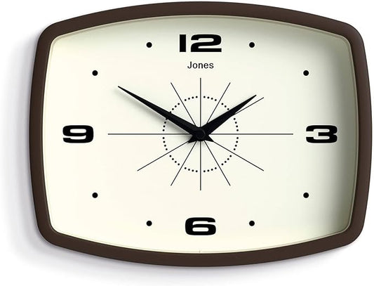 JONES CLOCKS® Movie Wall Clock | Rectangular Retro Clock | 10 inch | Mocha Brown | Cool mid-Century Designer Look for Kitchen, Living Room or Office