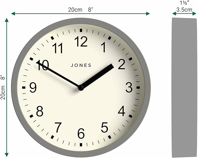 JONES CLOCKS® Spin Wall Clock | Small Modern Round Clock | 20cm | Gray | Easy to Read Numbers | Ideal for Kitchen, Office, Children’s Room or Any Small Space