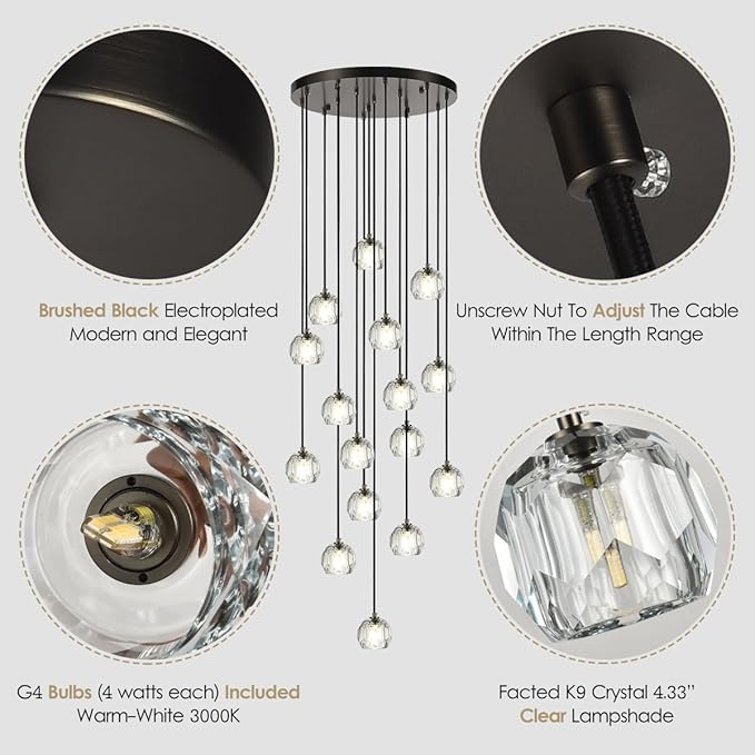 High Ceiling Foyer Chandelier, Brushed Black 16 Lights Crystal Staircase Chandelier, Modern Cut Pendant Raindrop Cluster Lighting Fixture for Entryway Living Room