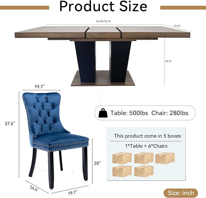 Goujxcy 7-Piece Extendable Dining Table Set for 6-8 People 63-78 Inch Kitchen Table Set with 6 Velvet Upholstered Chairs Farmhouse Rectangular Dining Room Table Set for Kitchen Dining Room Apartment