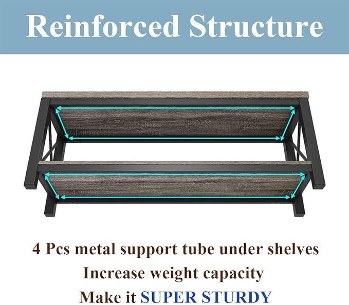 BON AUGURE Entryway Bench, Wood Metal Shoe Rack Bench for Indoor, Industrial Storage Benches for Bedroom, Mudroom, Foyer (47 inch Wide, Dark Grey Oak)