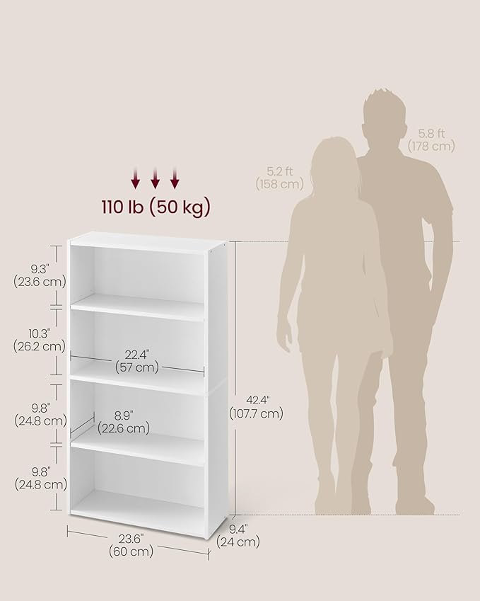 VASAGLE CUSTOS Collection - Bookshelf, 4-Tier Bookcase, Book Shelf, Open Storage Shelf, 9.4 x 23.6 x 42.4 Inches, for Living Room, Home Office, Dinning Room, Cloud White ULBC164T14