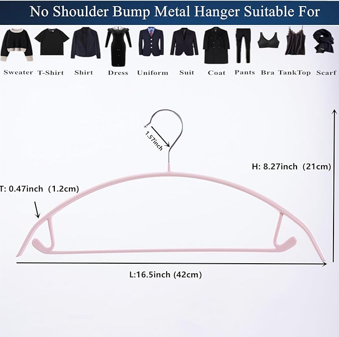 16.5 Inch Pink No Shoulder Bumps No Mark Non-Slip Rubber Coated Contour Meta Hanger for Sweater T-Shirt Suit Coat Uniform with Pants Bar Pack of 10