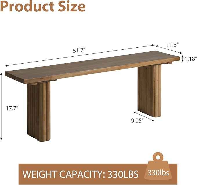 Solid Wood Entryway Bench - 51.2" Fluted Farmhouse Bench, Indoor Long Dining Benches Seat Narrow End of Bed Benches for Entry Way, Kitchen, Living Room and Bedroom, Brown
