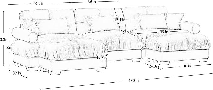 Ball & Cast 166" Sectional Cloud Couch,Modular Velvet Sofa with Bolstered Armrests,6 Pillows,Deep Seat,Convertible L Shaped Couch for Living Room,Modern Comfy Sofa,Cream