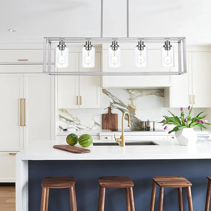 VINLUZ 5 Light Industrial Modern Dining Room Chandelier in Brushed Nickel Finish with Clear Glass Shade Classic Pendant Island Lighting Fixture for Living Room Bedroom