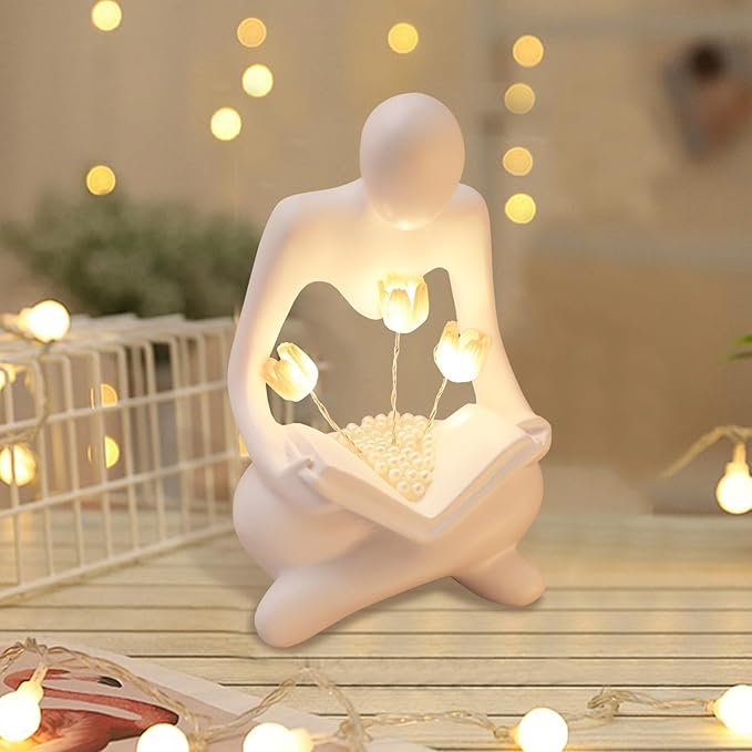 Reading Women Statue with Tulip Lamp, Thinker Sculptures with Night Light, Abstract Art Ornament, Modern Aesthetic Figurine Decoration for Home Living Room Bedroom Office Table Desk Bookshelf Decor