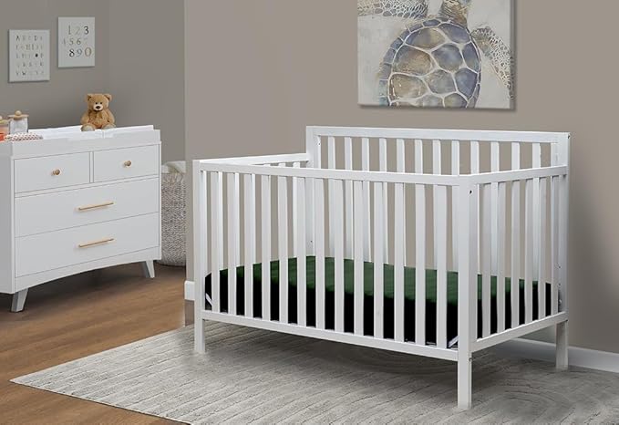 Sorelle Essex Euro 4-in-1 Convertible Crib & Changer – Nursery Furniture Set, Wooden Baby Crib with Non-Toxic Finish, Integrated Changer, Toddler Bed, Daybed, and Full-Size Bed Conversion Kit – White
