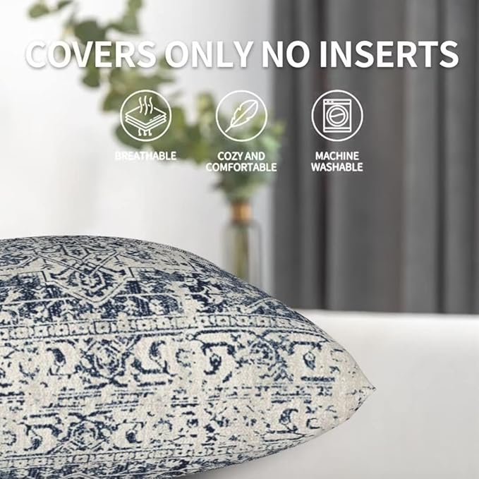Boho Pillow Covers 16x16 Set of 2, White Navy Blue Carpet Pattern Outdoor Decorative Throw Pillows Ethnic Rustic Farmhouse Linen Cushion Cases for Couch Sofa Decor