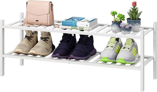 Long Shoe Rack for Entryway,Shoe Organizer for Hallway Closet, Bamboo Wood Shoe Racks for Indoor Outdoor (White, 2-Tier Long)