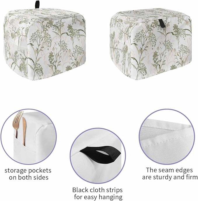 Toaster Cover 2 Slice Sage Green Leaves Toaster Oven Cover with Pockets Fruit Floral Plant Dustproof Bakeware Protector Small Kitchen Appliance Dust Covers and Fingerprint Protection for Women