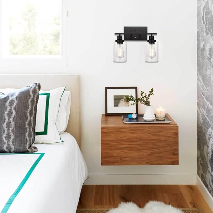 MELUCEE 2-Light Black Wall Sconce Industrial Vintage with Clear Glass Shade and Metal Base, Bathroom Vanity Lights Hallway Light Fixture Sconces Wall Lighting (Patent No.: US D963914 S)