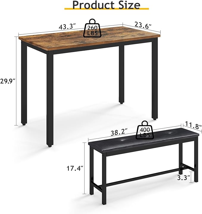Rovibek Dining Room Table Bench Set for 4, Modern Space Saving Kitchen Table with with 2 Upholstered Benches & Adjustable Feet, Wooden Breakfast Table, 43", Brown