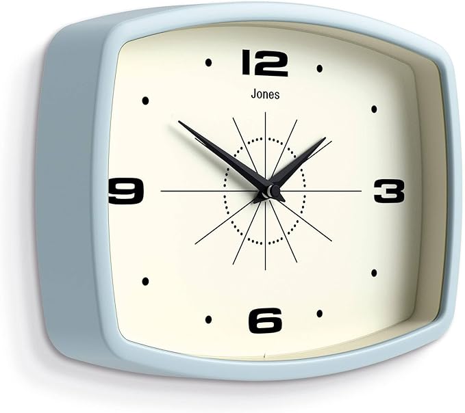 JONES CLOCKS® Movie Wall Clock | Rectangular Retro Clock | 10 inch | Pale Blue | Cool mid-Century Designer Look for Kitchen, Living Room or Office