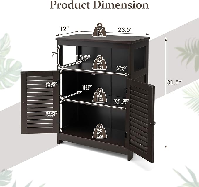COSTWAY Bathroom Storage Cabinet, Wooden Side Storage Organizer with Louver Doors & Removable Shelf, Freestanding Floor Cabinet for Living Room, Kitchen, Entryway (Brown)