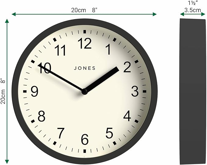 JONES CLOCKS® Spin Wall Clock | Small Modern Round Clock | 20cm | Dark Gray | Easy to Read Numbers | Ideal for Kitchen, Office, Children’s Room or Any Small Space