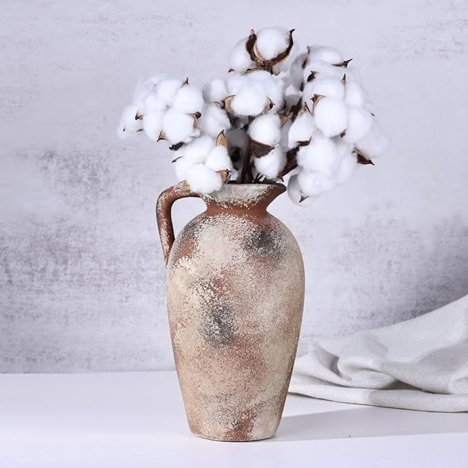 Rustic Farmhouse Ceramic Vase, 9.2" Tall Vintage Pottery Vases, Terracotta Decorative Boho Pampas Flower Vase, Suitable for Home Decor Living Room Entryway Table Bookshelf Mantle Shelf Decor