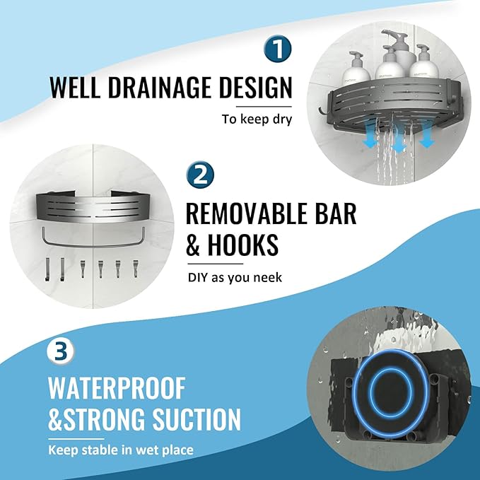 Onemake Corner Shower Caddy with Suction Cups, 2-Pack Removable Aluminum Wall Mounted Organizer Shelves Storage Rack with Towel Bar Portable Hook for Bathroom, Grey