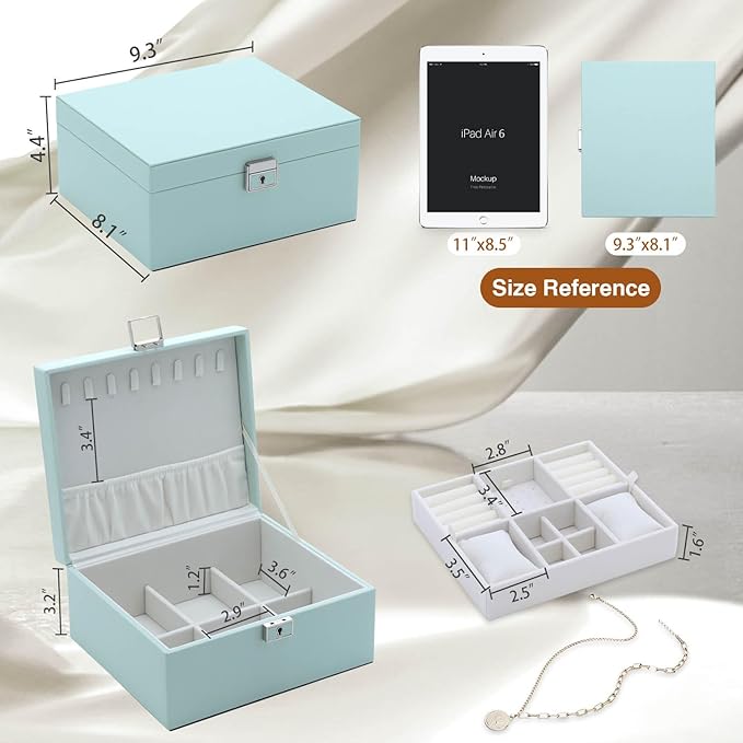 Jewelry Organizer Box for Women,Large Genuine Leather Jewelry Organizers and Storage with Earring Holder Organizer Removable Velvet Jewelry Tray,Christmas Gifts for Mom,Green