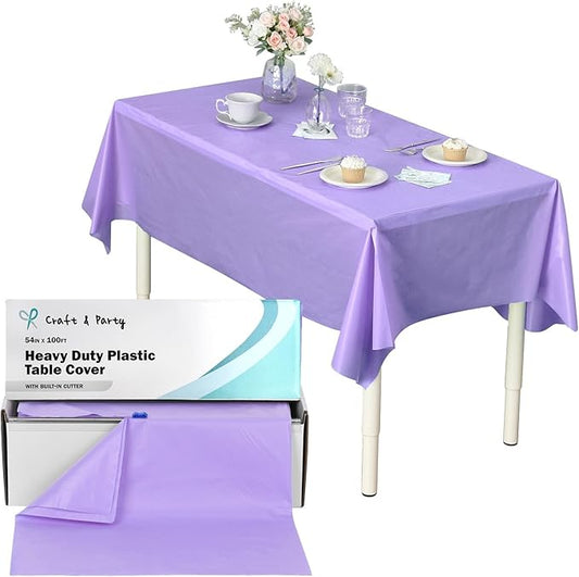 Craft And Party, 54 in x 100 feet Plastic Table Cover Roll for Party, Banquet, Picnic, Kids Activities for Any Size and Shape Table (Lavender, 54" x 100ft)