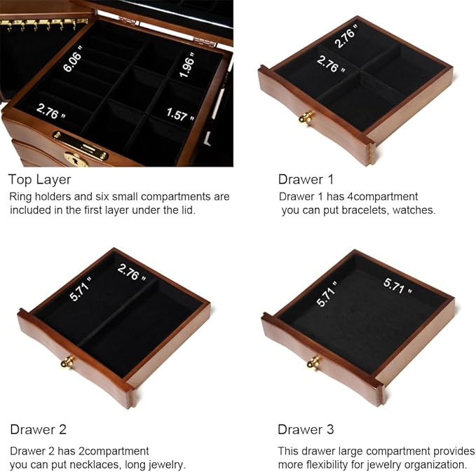 FEECOZ Wooden Jewelry Box for Women, Solid Wood Jewelry Organizer with Mirror and 3-Drawer, Ring,Necklacel,Vintage Style Storage Box with Lock (Dark Brown(lotus pattern)