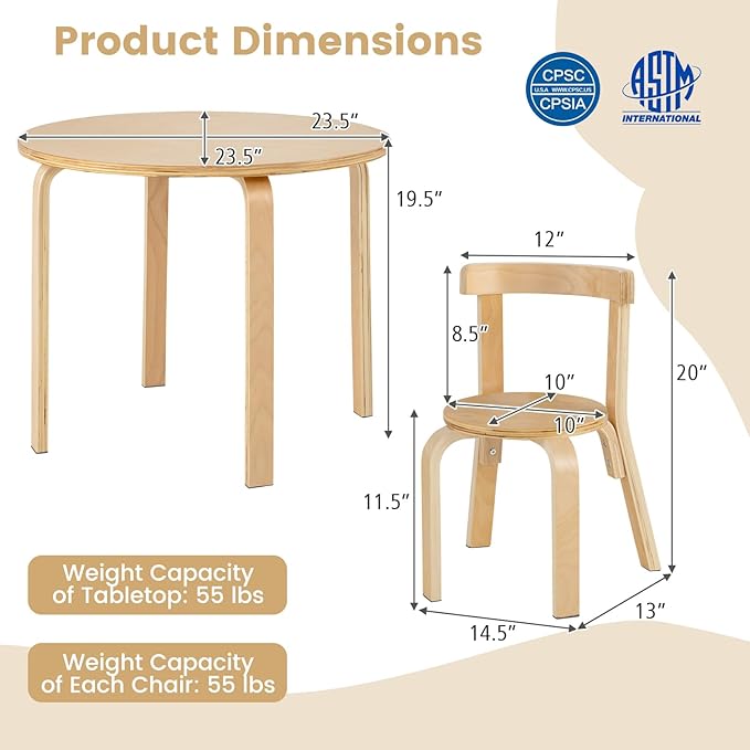 HONEY JOY Kids Table and Chair Set, Bentwood Toddler Round Table and 4 Chairs for Craft Art, Building Block, 5-Piece Children Furniture Set for Daycare, Kindergarten, Playroom (Natural)