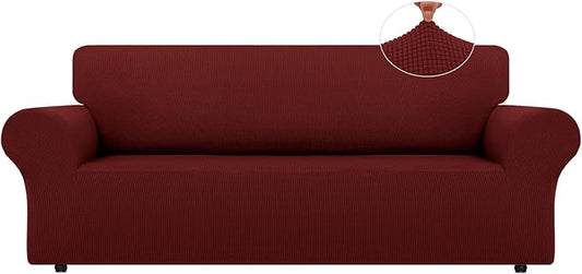 LURKA Stretch Sofa Slipcovers 1 Piece Couch Covers for 3 Cushion Couch Sofa Furniture Protector Full Sofa Covers with Elastic Bottom for Kids and Dog (Large, Dark Red)