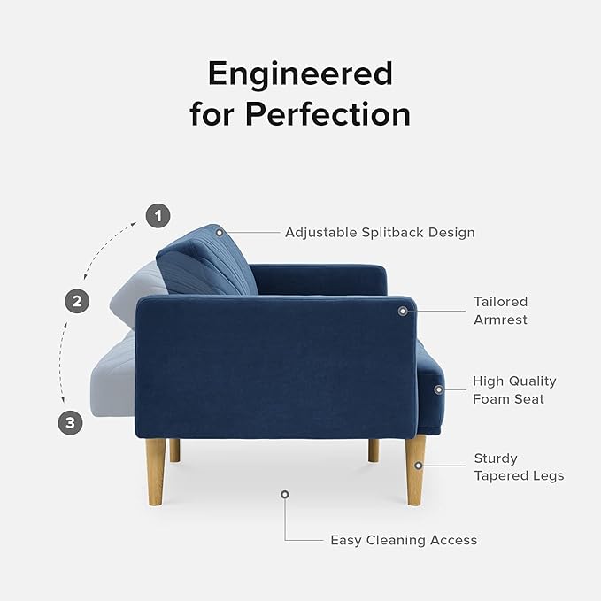 mopio 76.8" Futon Sofa Bed, Small Couch, Sleeper, Loveseat, Mid Century Modern Futon Couch, Sofa Cama, Couches for Living Room (Classic Blue Velvet)