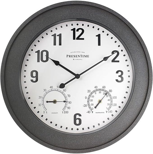 Presentime & Co. 20" Bradford Indoor/Outdoor Farmhouse Clock with Weather Station, Gray Stone Finish