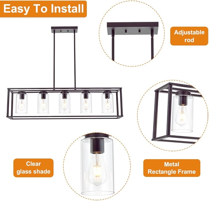 VINLUZ 5-Light Kitchen Island Chandeliers Oil Rubbed Bronze Modern Linear Cage Pendant Lighting with Clear Glass Shades Farmhouse Ceiling Light Fixtures Hanging for Dining Room Living Room