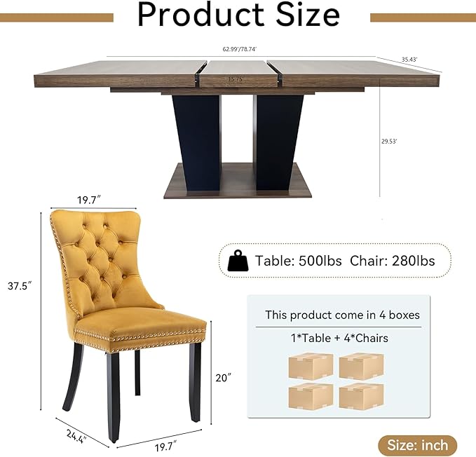 Goujxcy 5-Piece Extendable Dining Table Set for 4-8 People 63-78 Inch Kitchen Table Set with 4 Velvet Upholstered Chairs Farmhouse Rectangular Dining Room Table Set for Kitchen Dining Room Apartment