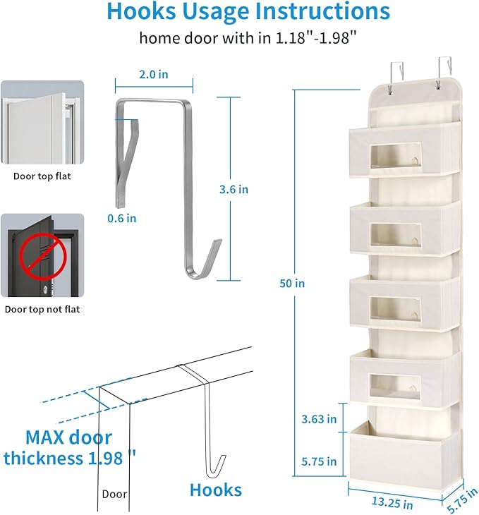 MAX Houser 5-Shelf Over The Door Hanging Organizer with 2 Metal Hooks, 5 Pocket Over The Door Wall Mount Storage with Clear Windows for Baby Nursery Bathroom Closet,Bedroom,Dorm,Diapers,Kids(Beige)