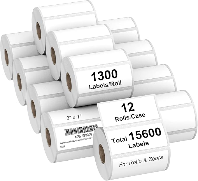 AveneMark 12 Rolls 3" x 1" Direct Thermal Labels for Barcodes Postage Address Shipping Labels Compatible with Rollo & Zebra Desktop Printers Adhesive - 1300Pcs/Roll