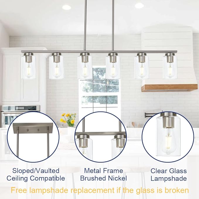 6-Light Kitchen Island Lighting with Clear Glass Shades, Modern Linear Pendant Light Fixture for Dining Room Pool Table, Brushed Nickel Finish