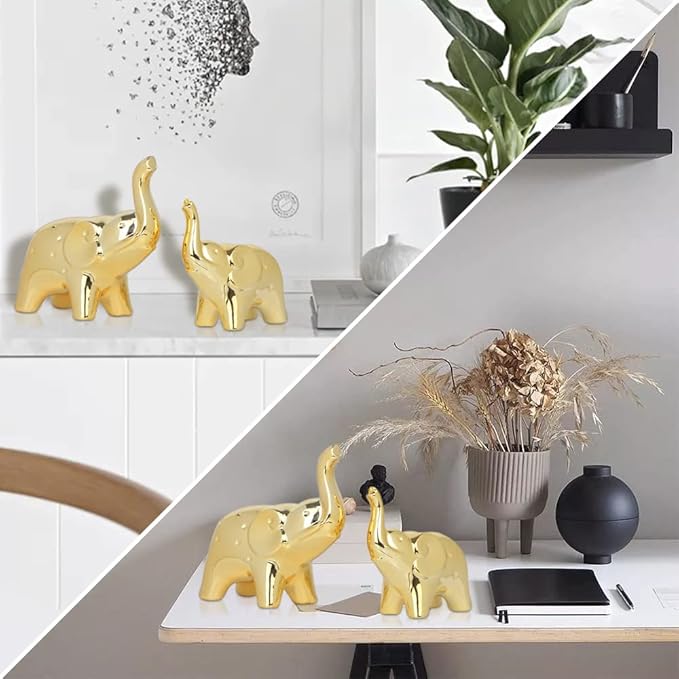 A Pair Elephant Statue Home Decor,Modern Style Figurines,Sculpture for Office Desktop Bookshelf Living Room (Ceramics Gold)