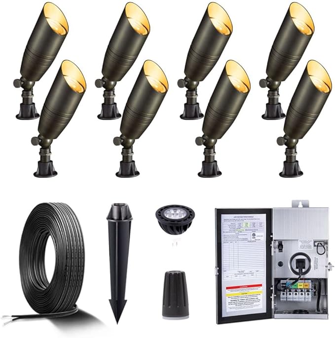 Brass Low Voltage Landscape Spotlights(8 Pack) Kit 12V LED with 150W Low Voltage Transformer and Mechanical Timer and 100 Feet Wire and 40Pack Connectors for Outdoor House Garden Patio