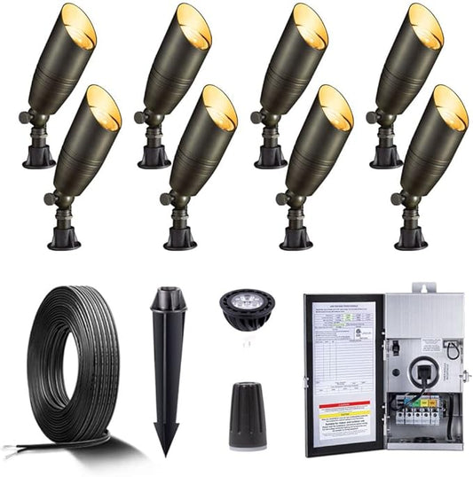 Brass Low Voltage Landscape Spotlights(8 Pack) Kit 12V LED with 150W Low Voltage Transformer and Mechanical Timer and 100 Feet Wire and 40Pack Connectors for Outdoor House Garden Patio